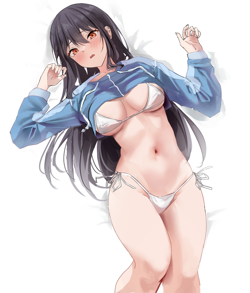 1girl absurdres bangs bikini black_hair blue_shirt blush breasts eyebrows_visible_through_hair highres large_breasts long_hair looking_at_viewer navel orange_eyes original parted_lips po_ppe shirt side-tie_bikini solo swimsuit symbol-only_commentary thighs under_boob white_background white_bikini