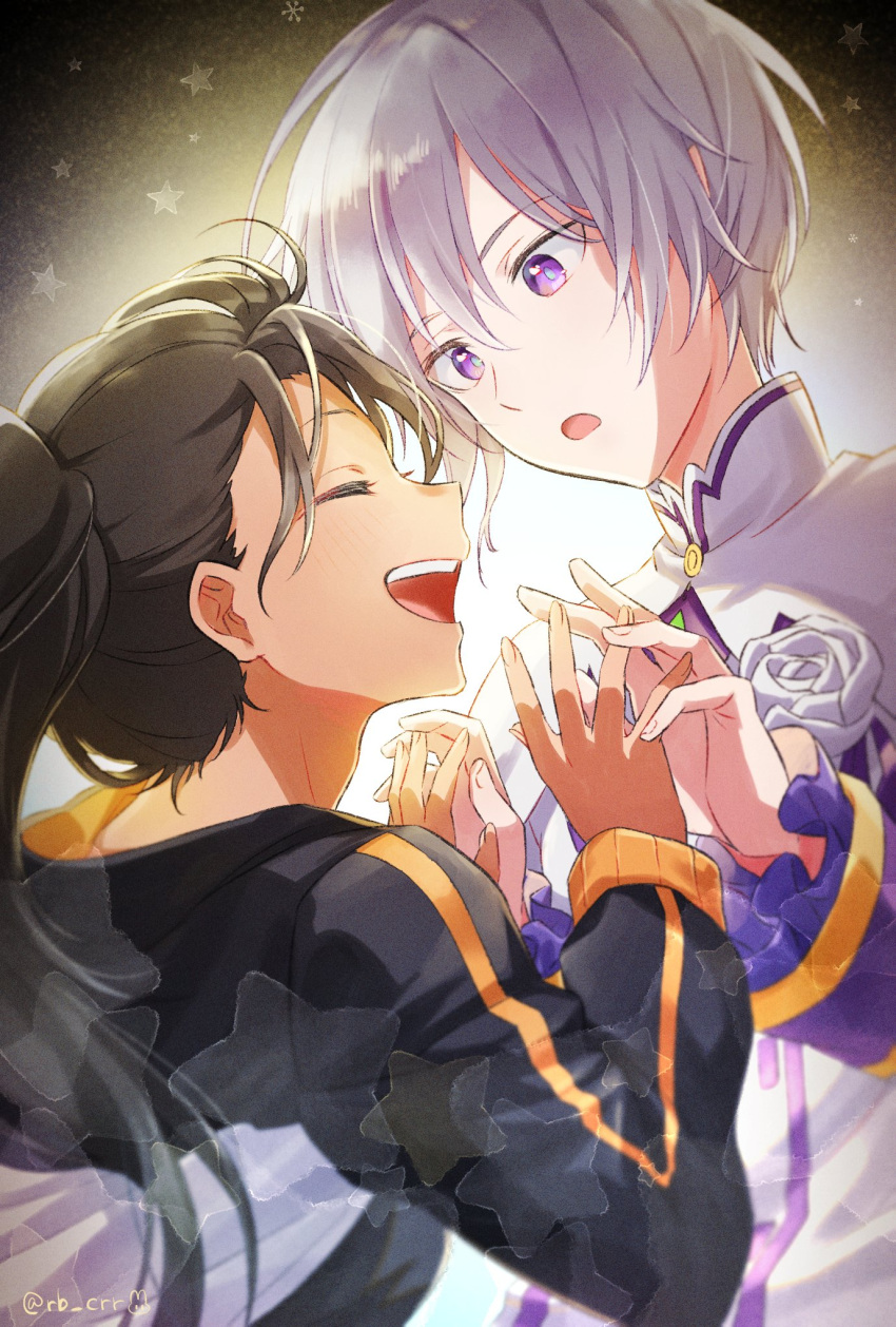 1boy 1girl ^_^ ^o^ black_hair closed_eyes emilia_(re:zero) genderswap genderswap_(ftm) genderswap_(mtf) highres looking_at_another natsuki_subaru parted_lips ponytail re:zero_kara_hajimeru_isekai_seikatsu track_suit violet_eyes white_hair yomo_(rb_crr)