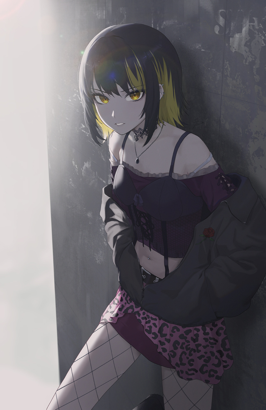1girl against_wall bangs black_hair blonde_hair clothes_down hands_in_pockets highres idolmaster idolmaster_shiny_colors ikaruga_luca jacket jewelry looking_at_viewer midriff miniskirt multicolored_hair navel navel_piercing necklace open_clothes open_jacket parted_lips piercing purple_skirt short_hair skirt solo spung standing stomach two-tone_hair yellow_eyes