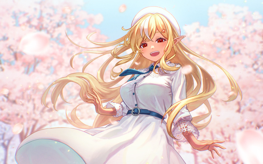 1girl :d bangs belt belt_buckle blonde_hair blue_necktie blush breasts buckle cherry_blossoms commentary_request cowboy_shot dark-skinned_female dark_skin day dress elf eyebrows_visible_through_hair hair_ornament hairclip highres hololive large_breasts long_hair long_sleeves looking_at_viewer multicolored_hair necktie open_mouth outdoors pointy_ears red_eyes sakumichi shiranui_flare smile solo spring_(season) streaked_hair tree two-tone_hair very_long_hair virtual_youtuber white_dress white_hair