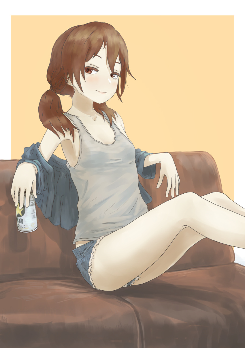1girl alternate_costume bangs beer_can blush breasts brown_eyes brown_hair can closed_mouth couch denim denim_shorts grey_tank_top highres holding holding_can kantai_collection legs long_hair looking_at_viewer low_twintails nito_(nshtntr) open_clothes ryuujou_(kancolle) short_shorts shorts simple_background sitting small_breasts solo tank_top twintails two-tone_background