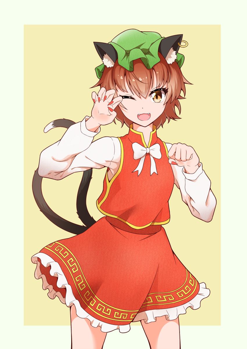 1girl ;d absurdres animal_ear_fluff animal_ears bangs bow bowtie brown_hair cat_ears cat_tail chen cowboy_shot eyebrows_visible_through_hair fang frills green_headwear hat hehejiu highres jewelry long_sleeves looking_at_viewer mob_cap multiple_tails one_eye_closed open_mouth red_skirt red_vest shirt short_hair skirt skirt_set smile solo standing tail touhou two_tails vest white_shirt