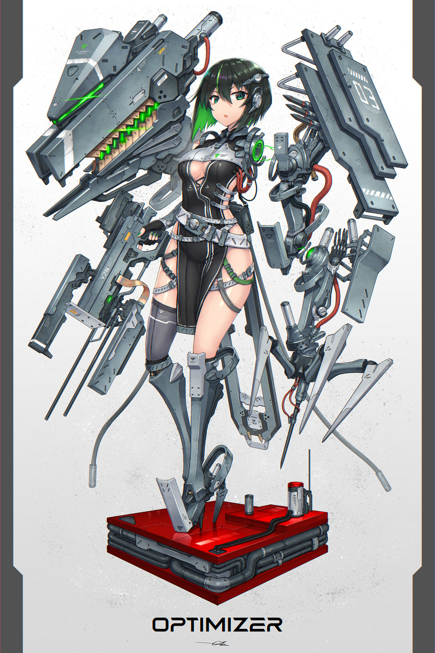 1girl amputee bob_cut breasts colored_inner_hair commentary_request english_text fingerless_gloves full_body gia gloves green_eyes green_hair highres holding holding_weapon looking_at_viewer mecha_musume mechanical_arms medium_breasts mixed-language_commentary multicolored_hair nail_polish original prosthesis prosthetic_leg science_fiction short_hair single_mechanical_arm single_thighhigh solo streaked_hair thigh-highs trigger_discipline two-tone_hair weapon