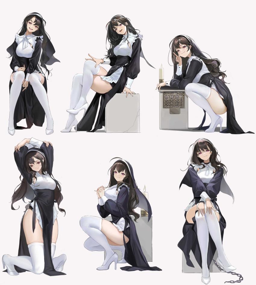 1girl :d absurdres ahoge bangs between_legs breasts brown_hair candle chain closed_mouth crossed_legs dress full_body guernical hand_between_legs hands_on_own_knees high_heels highres kneeling knees_together_feet_apart large_breasts long_hair long_sleeves looking_at_viewer multiple_views nun open_mouth original own_hands_clasped own_hands_together puffy_long_sleeves puffy_sleeves red_eyes simple_background sitting skindentation smile squatting thigh-highs violet_eyes white_background white_footwear white_legwear