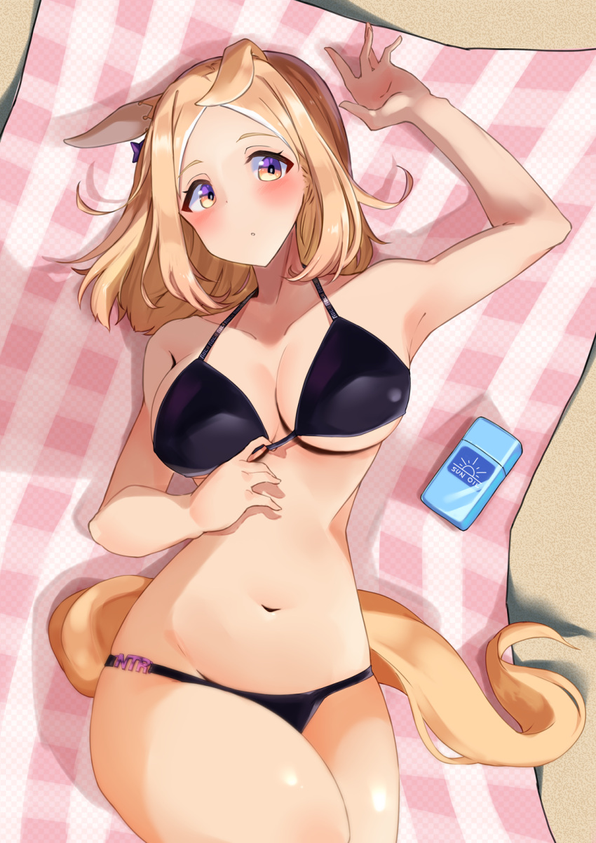 1girl animal_ears arm_up armpits bare_arms bare_shoulders beach_towel bikini black_bikini blonde_hair blush breasts commentary_request cowboy_shot highres horse_ears komb large_breasts looking_at_viewer lying narita_top_road_(umamusume) navel on_back partial_commentary short_hair solo stomach swimsuit thighs towel umamusume yellow_eyes