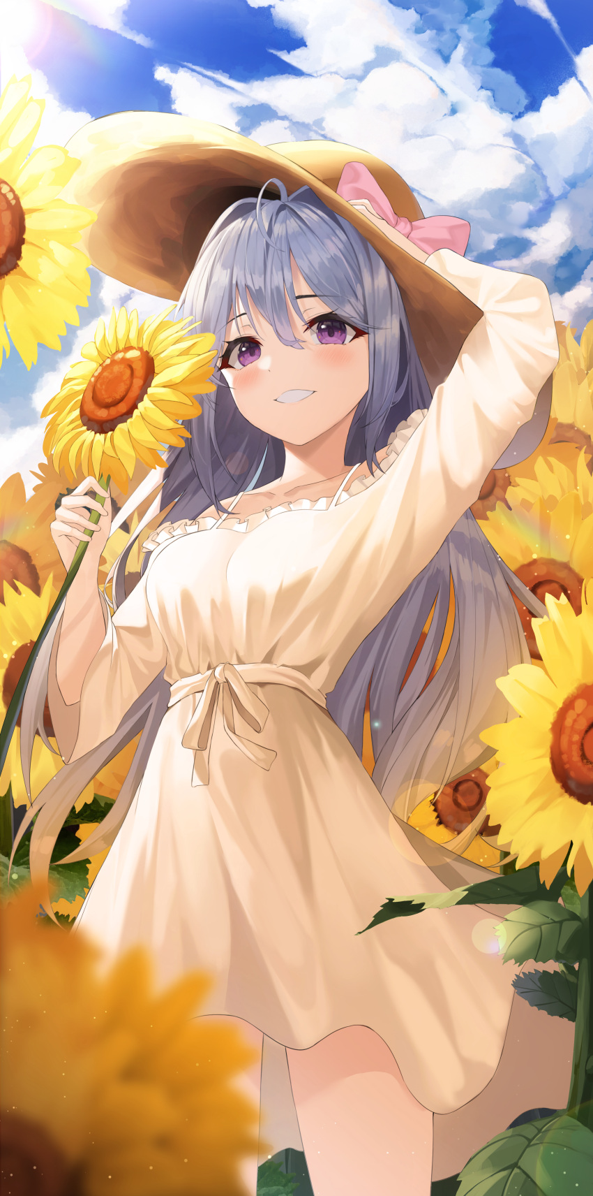 1girl :d absurdres arm_up bangs bare_shoulders blue_hair blush bra_strap breasts brown_headwear clouds cloudy_sky collarbone copyright_request cowboy_shot day dress eyebrows_visible_through_hair flower hand_on_headwear hat highres holding holding_flower k.j. lens_flare long_hair long_sleeves medium_breasts off-shoulder_dress off_shoulder outdoors parted_lips sky smile solo standing sun_hat sunflower sunlight very_long_hair violet_eyes yellow_dress yellow_flower