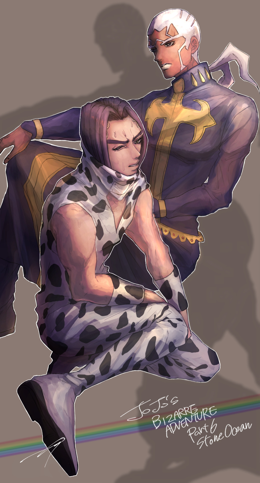 2boys absurdres animal_print black_hair cassock cow_print dark-skinned_male dark_skin enrico_pucci highres hospital_0434 jojo_no_kimyou_na_bouken kneeling male_focus multiple_boys ponytail priest rikiel stone_ocean sweat white_hair wince