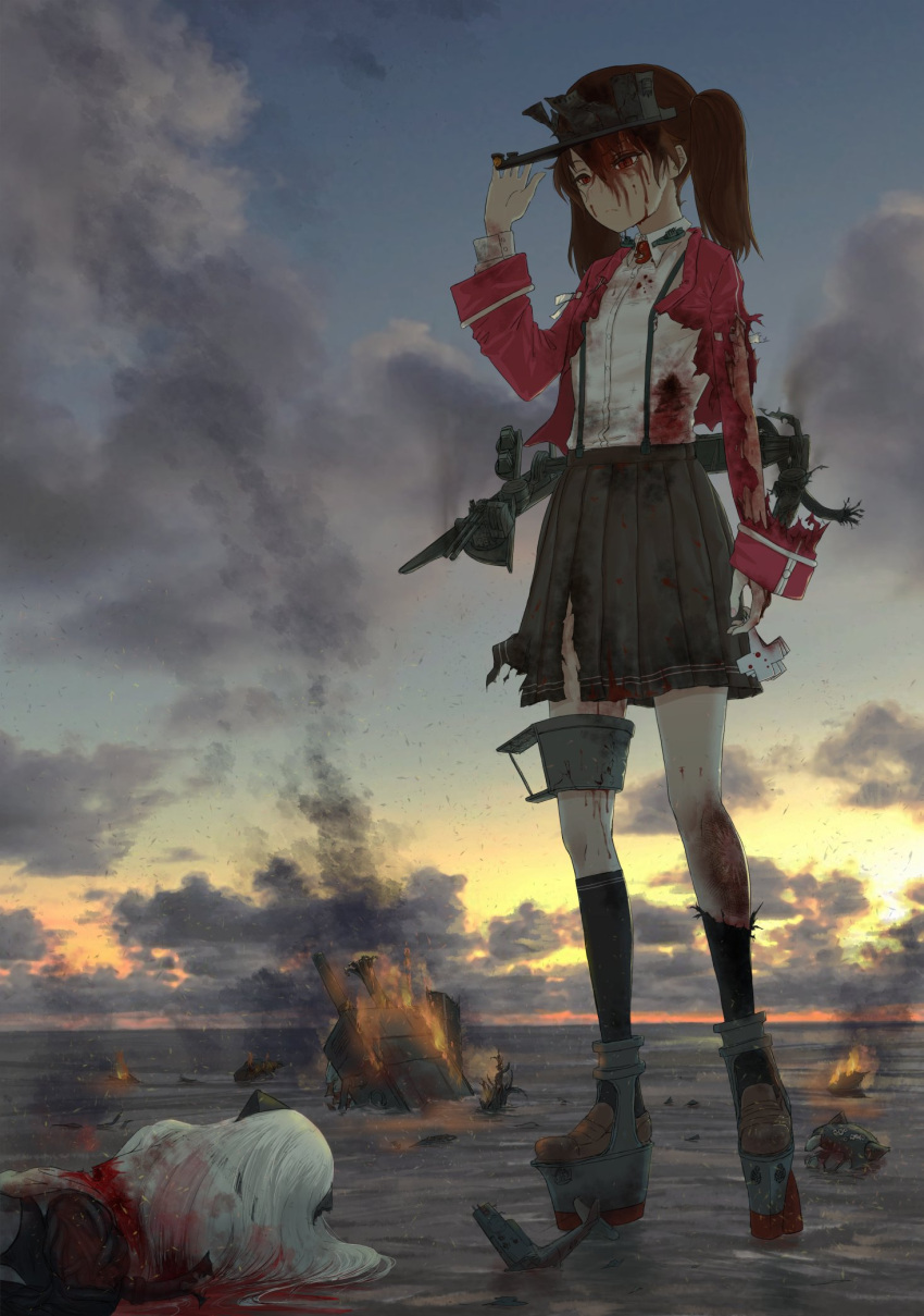 2girls abyssal_ship bangs black_legwear black_panties black_skirt blood blood_on_clothes blood_on_face brown_hair closed_mouth clouds commentary_request enemy_aircraft_(kancolle) fire guro hair_between_eyes highres horns kantai_collection kneehighs long_hair lying magatama multiple_girls nito_(nshtntr) northern_ocean_princess on_side outdoors panties pleated_skirt red_eyes rudder_footwear ryuujou_(kancolle) shikigami shirt skirt sky smoke standing suspender_skirt suspenders torn_clothes twintails underwear water white_hair white_shirt
