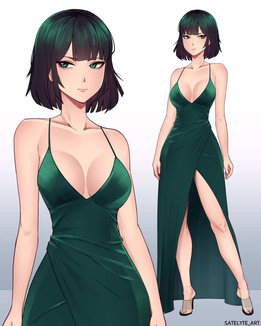 1girl absurdres bangs bare_shoulders breasts collarbone contrapposto dress fubuki_(one-punch_man) gown green_dress green_eyes green_hair high_heels highres large_breasts multiple_views one-punch_man satelyte_art short_hair slippers spaghetti_strap standing
