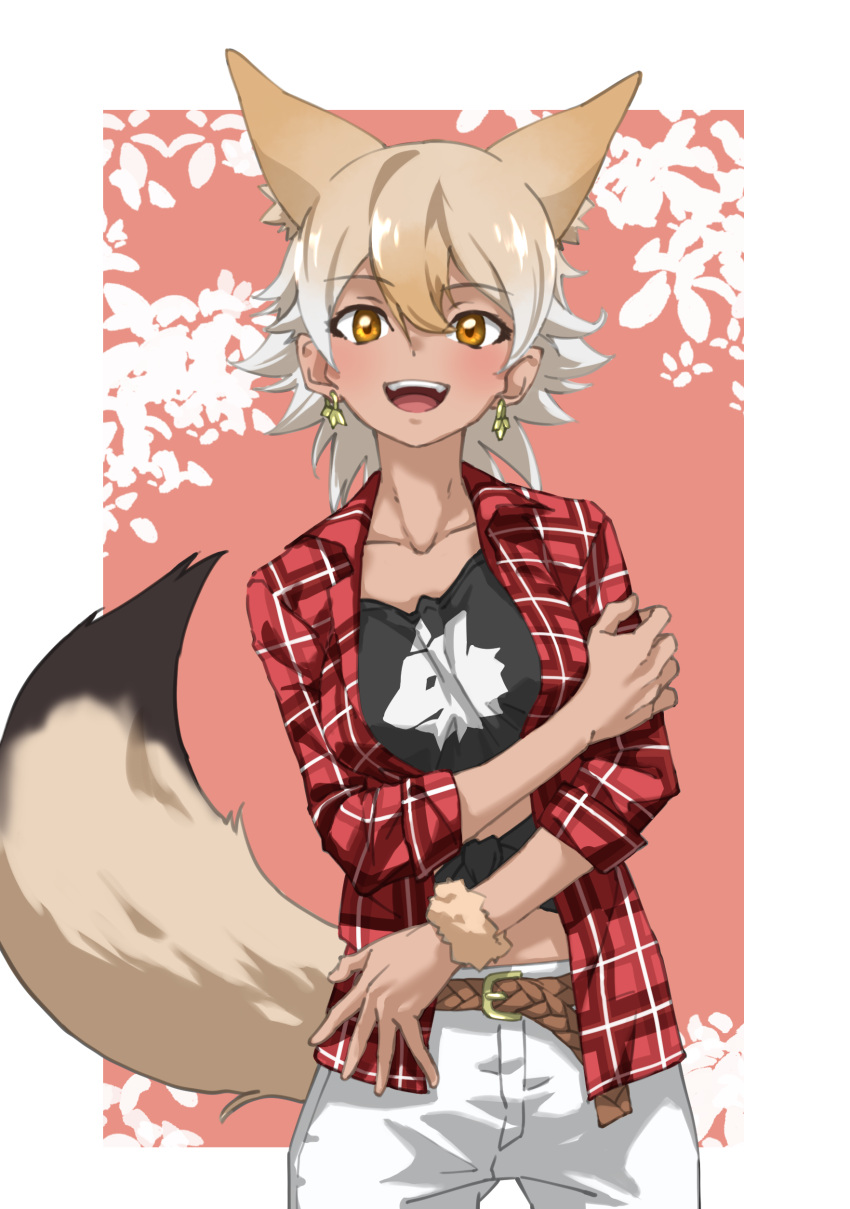 1girl :d absurdres animal_ear_fluff bangs belt blonde_hair collarbone commentary cowboy_shot coyote_(kemono_friends) coyote_ears coyote_girl coyote_tail earrings extra_ears eyebrows_visible_through_hair hair_between_eyes highres jewelry kemono_friends looking_at_viewer medium_hair open_mouth orange_eyes pants plaid plaid_shirt red_shirt shirt simple_background smile solo tanabe_(fueisei) white_hair white_pants