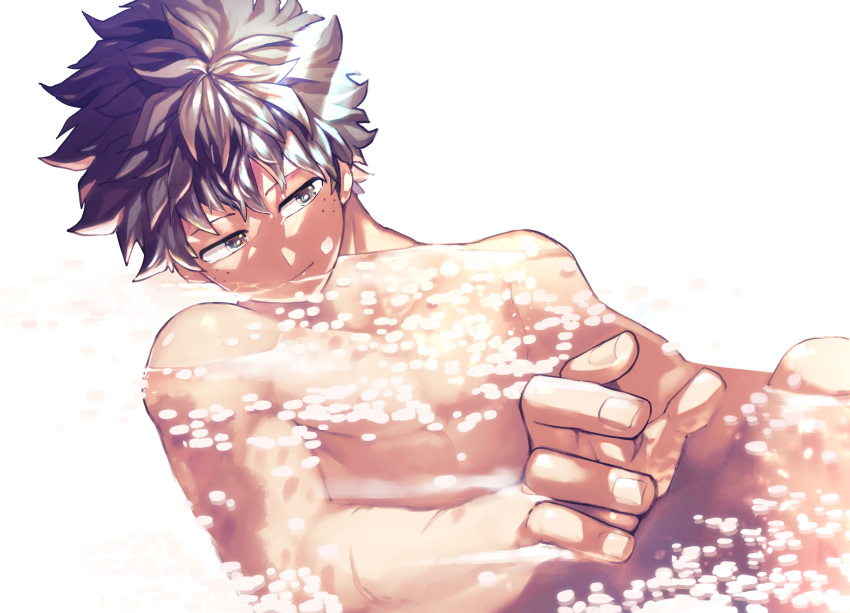 1boy bangs bathing blending blurry boku_no_hero_academia caustics depth_of_field freckles half-closed_eyes head_tilt highres light_rays light_smile looking_ahead male_focus midoriya_izuku multiple_scars nude partially_submerged reaching_out reclining refraction short_hair soap_bubbles solo sunbeam sunlight tearing_up twitter_username water_drop wavy_hair white_background yazakc