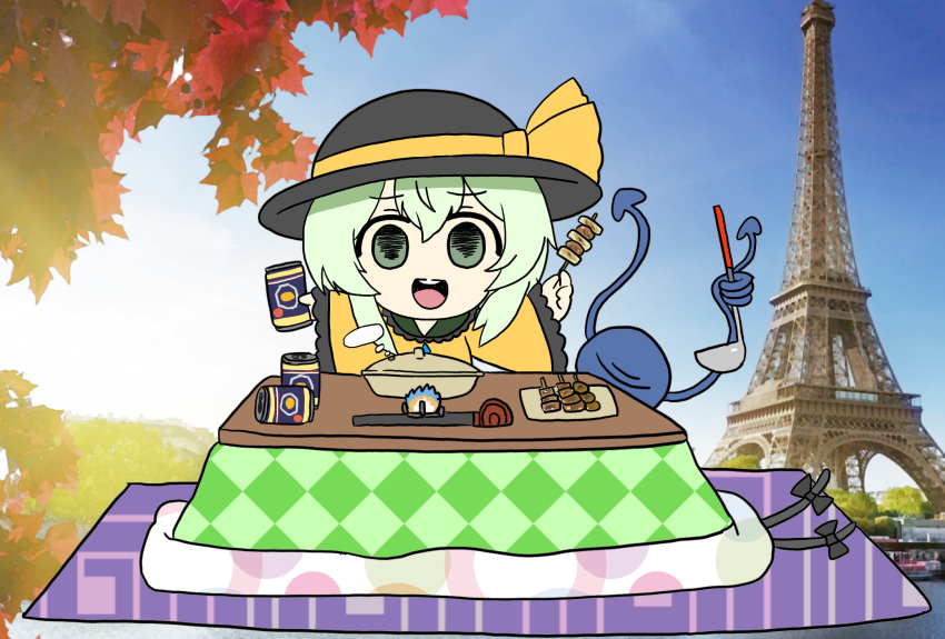 1girl :d autumn_leaves bangs black_bow black_cat black_headwear blouse bow buttons cat chibi collared_blouse diamond_button eiffel_tower eyeball eyebrows_visible_through_hair food_request frilled_shirt_collar frilled_sleeves frills green_eyes hair_between_eyes hat hat_ribbon highres kaenbyou_rin kaenbyou_rin_(cat) komeiji_koishi kotatsu light_green_hair long_sleeves medium_hair multiple_tails open_mouth photo_background ribbon smile solo table tail tail_bow tail_ornament teeth third_eye touhou two_tails upper_body upper_teeth washiwa wavy_hair wide_sleeves yellow_blouse yellow_ribbon