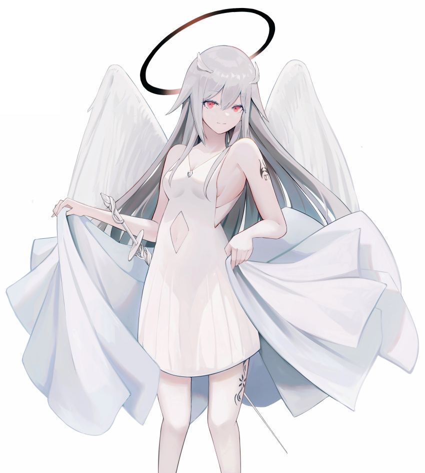 1girl absurdres ahoge albino amamizu_shizuku bare_arms bare_shoulders breasts closed_mouth clothing_cutout collarbone covered_navel dress feathered_wings feet_out_of_frame halo highres holding leg_tattoo long_hair looking_at_viewer navel_cutout original red_eyes shoulder_tattoo sideboob silver_hair simple_background sleeveless sleeveless_dress small_breasts smile solo standing sword tattoo very_long_hair weapon white_background white_dress white_wings wings