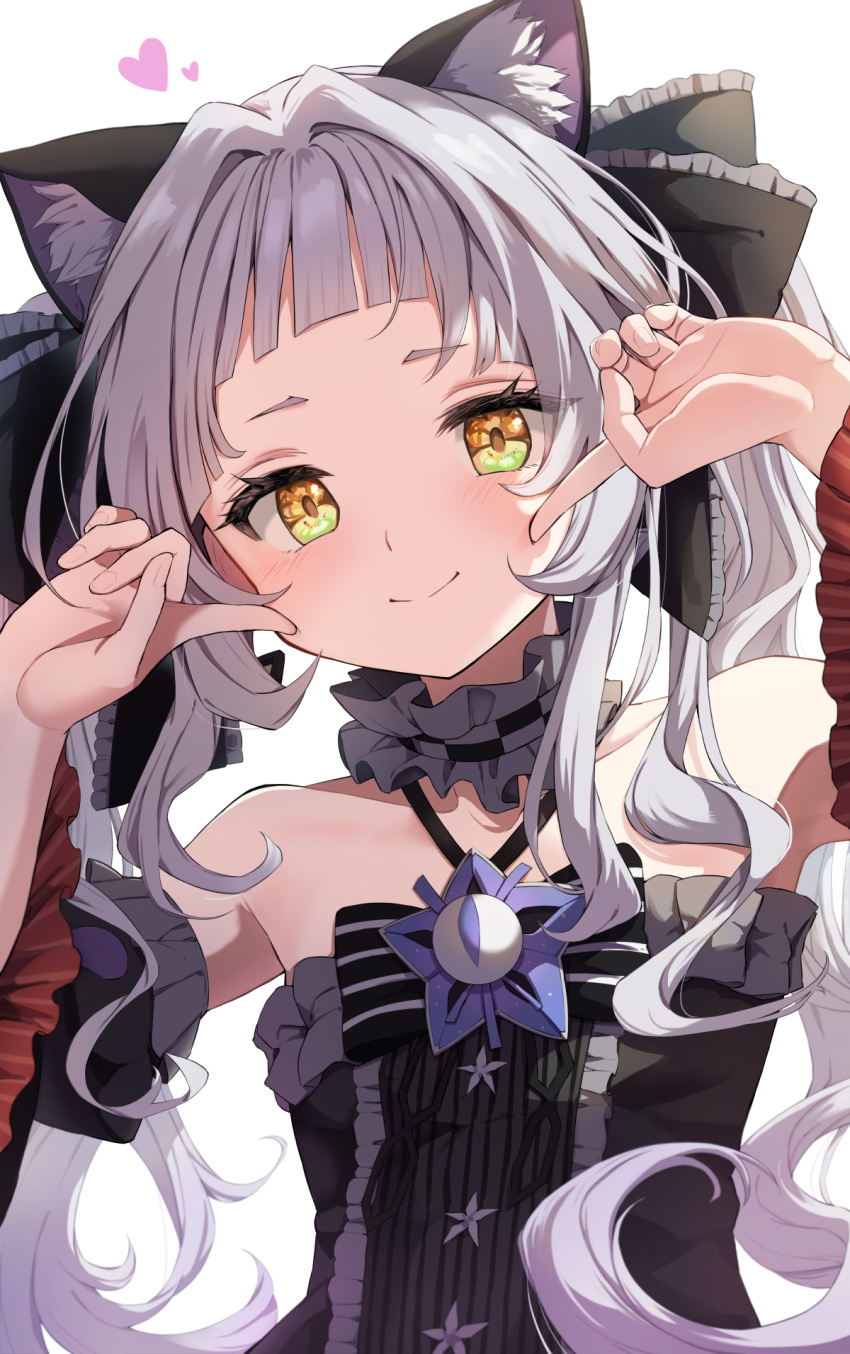 1girl animal_ear_fluff animal_ears bangs bare_shoulders black_dress black_ribbon blush brooch cat_ears closed_mouth detached_sleeves dress finger_to_cheek frilled_sleeves frills green_eyes hair_ribbon hands_up heart highres hololive jewelry long_hair long_sleeves looking_at_viewer murasaki_shion ribbon short_eyebrows silver_hair simple_background smile solo star_brooch summer_tail720 twintails virtual_youtuber white_background yellow_eyes