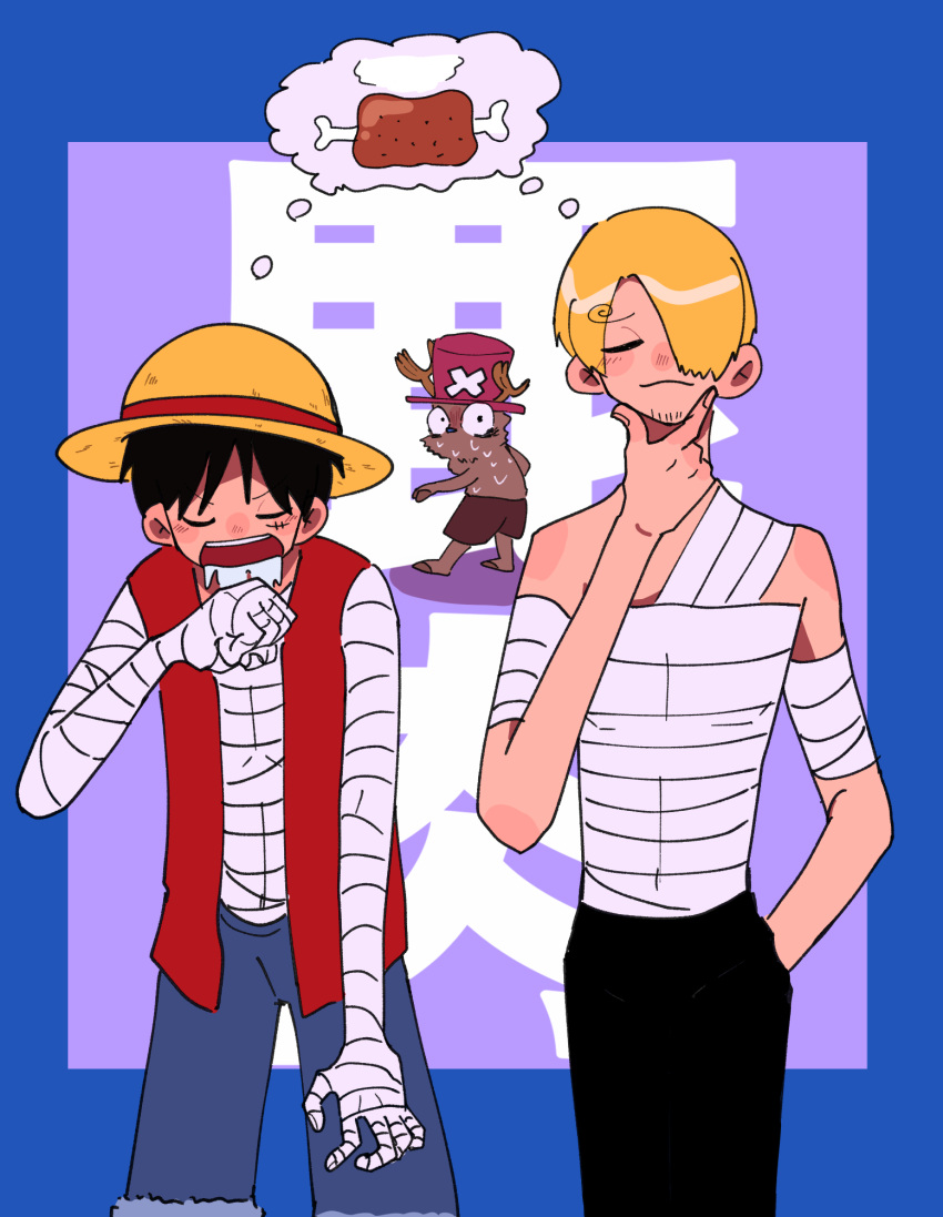 bandaged_arm bandages closed_eyes drooling food hands_up hat highres hungry meat monkey_d._luffy one_piece onohi open_clothes open_shirt reindeer saliva sanji scared straw_hat thinking thought_bubble tony_tony_chopper