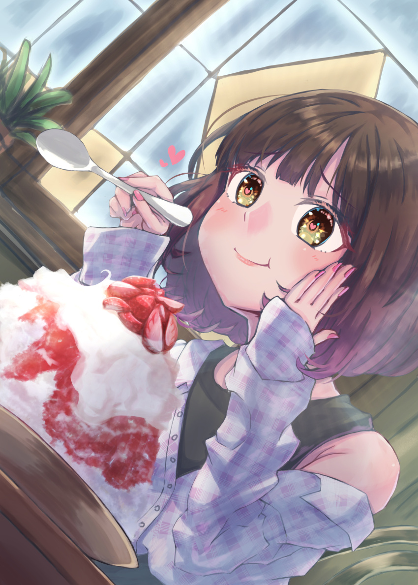 1girl absurdres bare_shoulders black_shirt bob_cut brown_eyes brown_hair closed_mouth eating food fruit grass hand_on_own_face heart heart-shaped_pupils highres indoors mihaeru original plate shaved_ice shirt short_hair smile solo spoon strawberry symbol-shaped_pupils upper_body white_shirt window