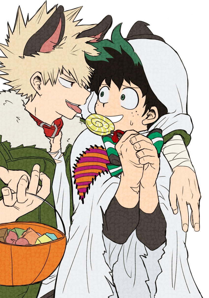 2boys animal_ears arm_around_shoulder bakugou_katsuki bandaged_arm bandages blonde_hair boku_no_hero_academia candy coat collar food freckles ghost_costume green_coat green_eyes green_hair halloween_bucket halloween_costume highres holding holding_candy holding_food holding_lollipop lollipop looking_at_another male_focus midoriya_izuku multiple_boys no_control own_hands_clasped own_hands_together patch red_collar red_eyes scar scar_on_arm scar_on_hand scared simple_background spiky_hair sweatdrop teeth tongue werewolf_costume white_background wolf_ears