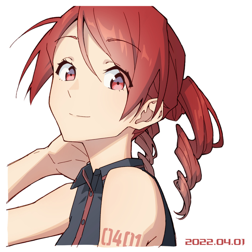 1girl bare_arms bare_shoulders black_shirt buttons commentary dated drill_hair from_side hand_up highres kasane_teto looking_at_viewer number_tattoo portrait red_eyes redhead shirt short_hair shoulder_tattoo simple_background sleeveless sleeveless_shirt smile solo tattoo twin_drills utau white_background yasutange