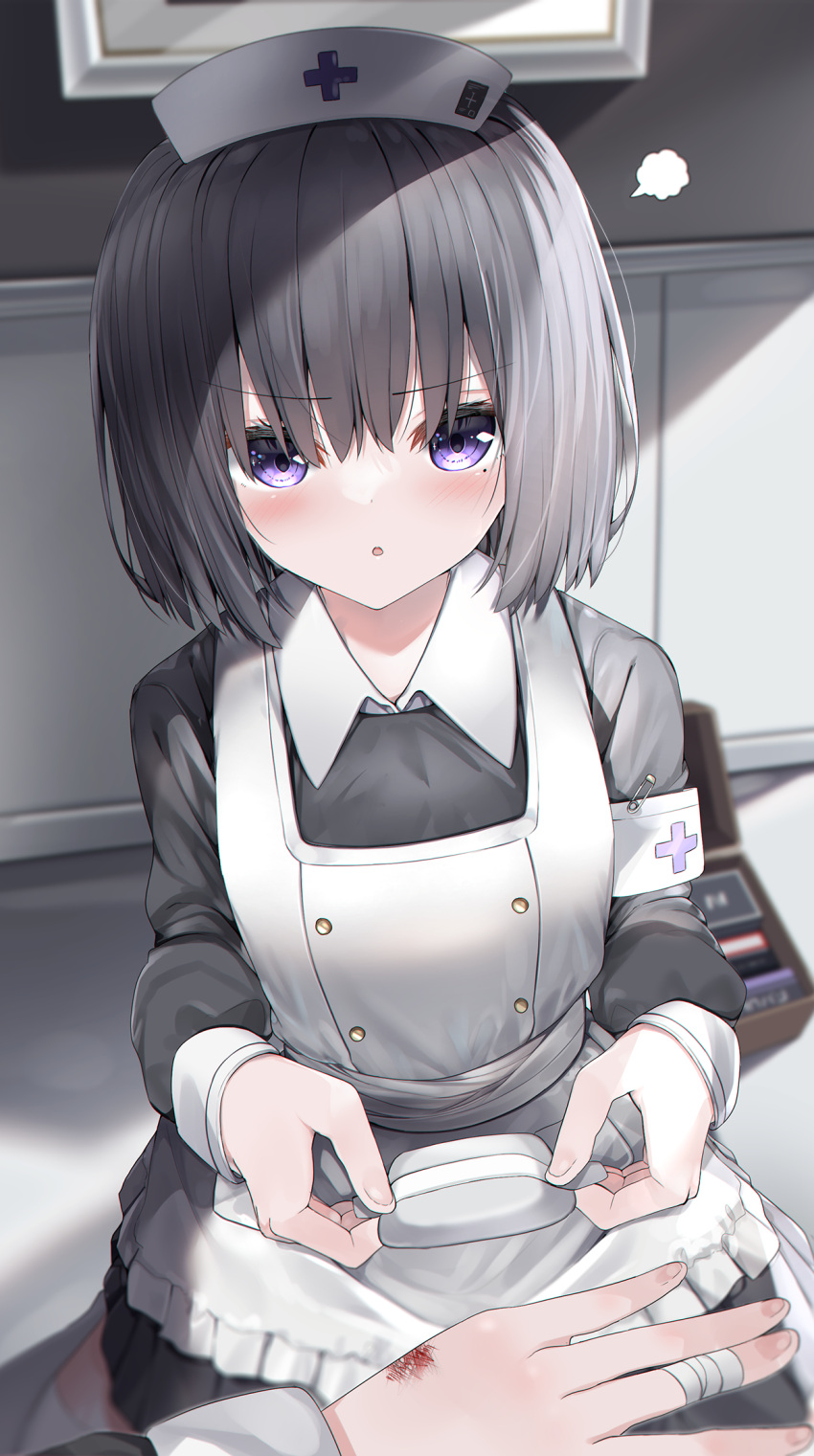 1girl 1other :o apron armband bandaged_fingers bandages bangs black_hair black_shirt black_skirt blurry blurry_background blush collared_shirt depth_of_field eyebrows_visible_through_hair first_aid_kit frilled_apron frills hair_between_eyes hat highres holding long_sleeves looking_at_viewer neku_(neku_draw) nurse nurse_cap original parted_lips pleated_skirt safety_pin shirt skirt sleeves_past_wrists solo_focus v-shaped_eyebrows violet_eyes white_apron white_headwear