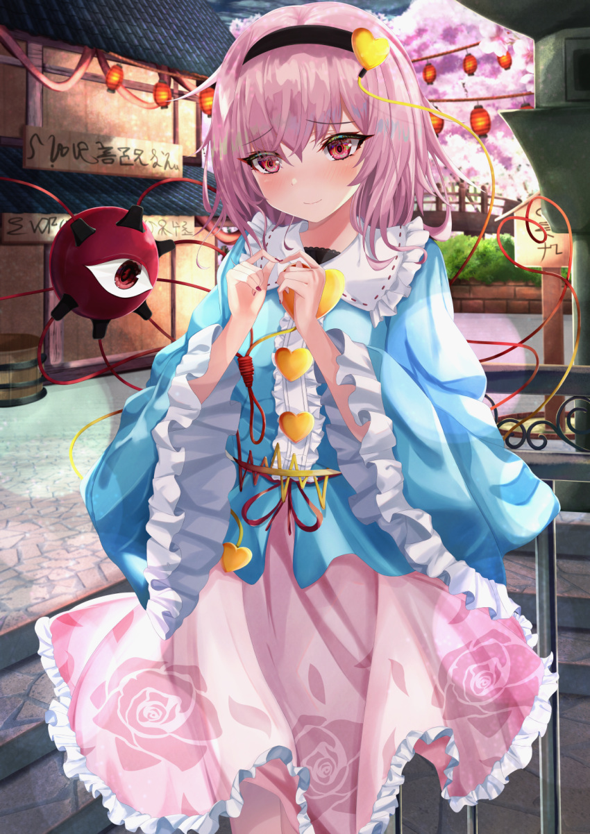 1girl architecture bangs blouse blue_blouse blush bridge buttons center_frills cherry_blossoms closed_mouth commentary_request east_asian_architecture eyeball eyelashes fingernails floral_print frilled_skirt frilled_sleeves frills hair_ornament hairband heart heart_button heart_hair_ornament highres index_fingers_together komeiji_satori lantern long_sleeves looking_at_viewer mukade_172 nervous outdoors pink_skirt print_skirt purple_hair red_nails rose_print short_hair skirt smile solo third_eye touhou violet_eyes wide_sleeves