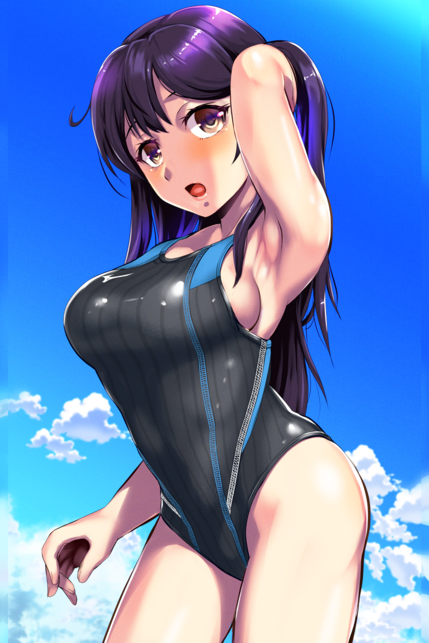 1girl absurdres alternate_costume black_hair black_swimsuit blue_sky breasts competition_swimsuit cowboy_shot day highleg highleg_swimsuit highres kantai_collection large_breasts long_hair one-piece_swimsuit outdoors sky solo standing swimsuit ushio_(kancolle) violet_eyes yellow_quokka