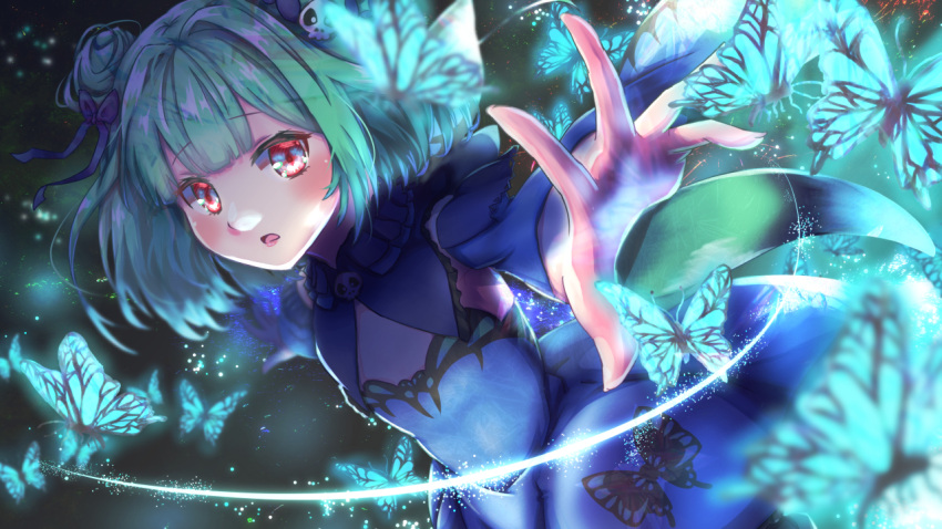 1girl bangs blue_dress blush bug butterfly double_bun dress earrings fantasy green_butterfly green_hair hair_ornament hololive jewelry looking_at_viewer mihaeru multicolored_hair open_mouth red_eyes short_hair skull_hair_ornament smile solo uruha_rushia virtual_youtuber