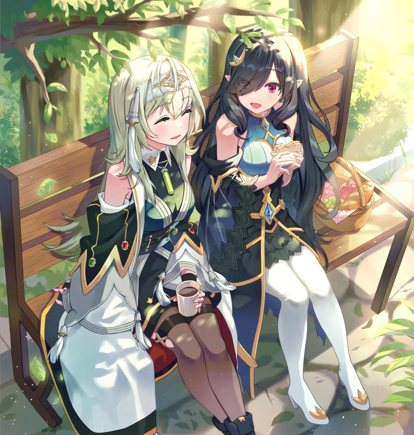 2girls ^_^ bangs black_hair black_legwear black_skirt blush boots breasts closed_eyes commentary detached_sleeves eda_(epic_seven) epic_seven green_hair hair_behind_ear hair_over_shoulder high-waist_skirt high_heel_boots high_heels highres korean_commentary medium_breasts mintpompom multiple_girls open_mouth pantyhose pointy_ears politis_(epic_seven) sitting skirt smile sunlight tiara tree white_footwear