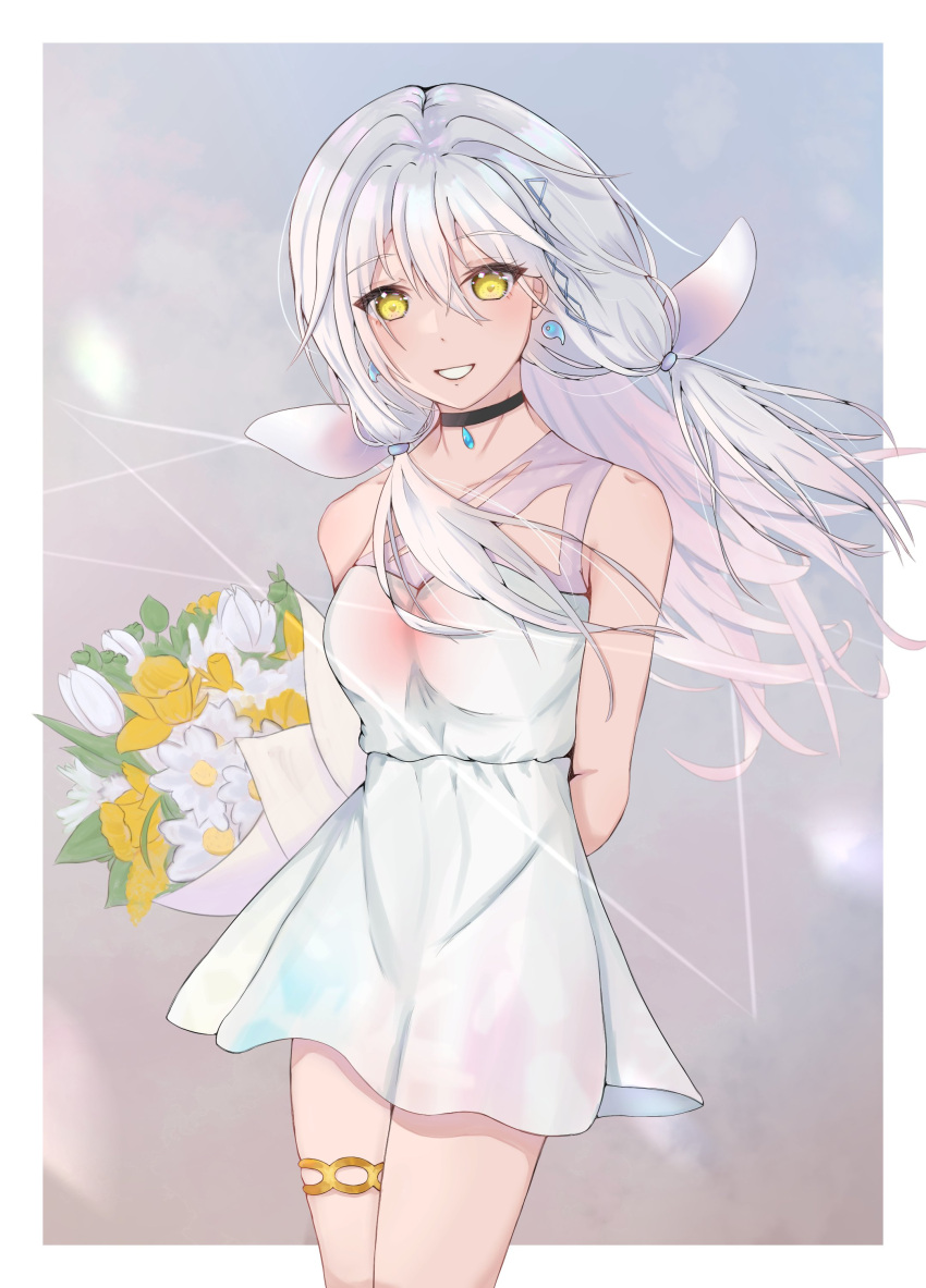 1girl absurdres bangs blush bouquet breasts dress english_commentary eyebrows_visible_through_hair floating_hair grey_hair head_tilt highres holding holding_bouquet long_hair looking_at_viewer medium_breasts qualia_qu re:act sleeveless sleeveless_dress smile solo sowon_(sowonhae) thigh_strap virtual_youtuber white_dress yellow_eyes