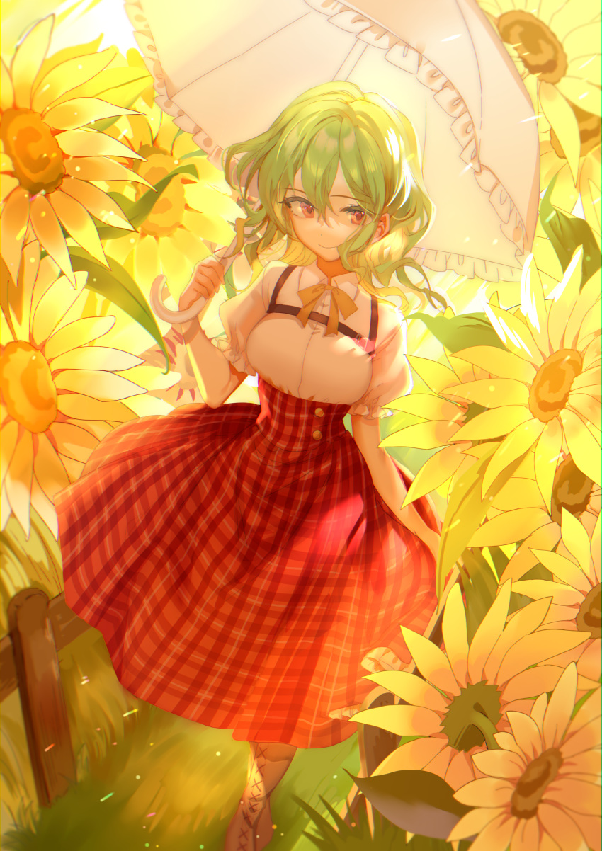 1girl absurdres ascot bangs breasts collared_shirt day flower green_hair hair_between_eyes highres holding holding_umbrella kanta_(pixiv9296614) kazami_yuuka large_breasts long_sleeves looking_at_viewer open_clothes open_vest parasol petticoat plaid plaid_skirt puffy_sleeves red_eyes red_skirt shirt short_hair skirt skirt_set smile solo standing sunflower touhou umbrella vest white_shirt