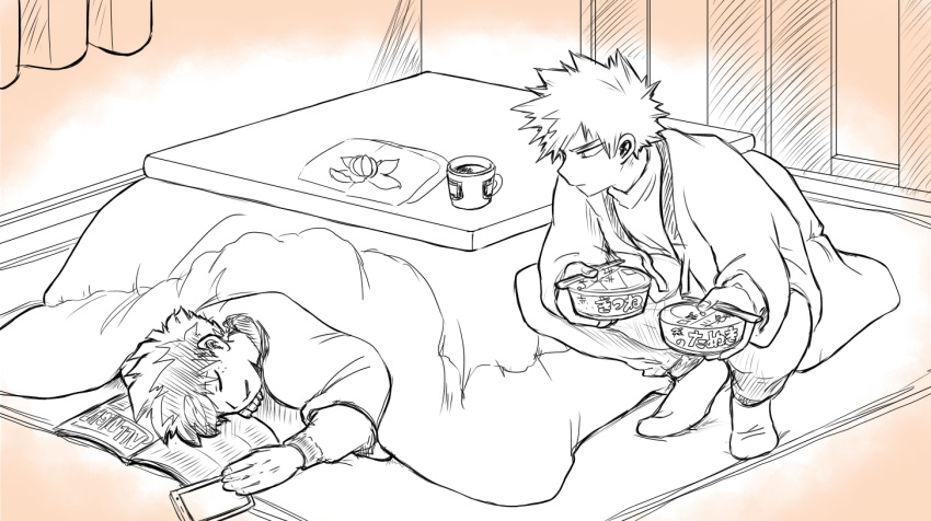 2boys bakugou_katsuki boku_no_hero_academia cellphone chopsticks closed_eyes cup food freckles fruit greyscale holding holding_food indoors instant_ramen kotatsu looking_at_another magazine_(object) male_focus mandarin_orange midoriya_izuku monochrome mug multiple_boys no_control phone rug sleeping smartphone socks spot_color squatting table