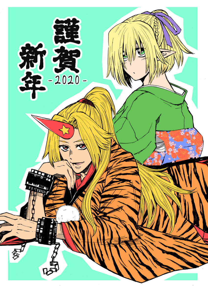 2020 2girls alternate_costume animal_print bangs blonde_hair blush bow braid chain closed_mouth commentary_request cuffs expressionless french_braid green_eyes green_kimono hair_between_eyes hair_bow half_updo head_rest high_ponytail highres horns hoshiguma_yuugi japanese_clothes kimono long_hair looking_at_viewer matsuri_kyuuta mizuhashi_parsee multiple_girls open_mouth pointy_ears pom_pom_(clothes) ponytail print_kimono purple_bow red_eyes short_hair short_ponytail single_horn smile tiger_print touhou translation_request upper_body