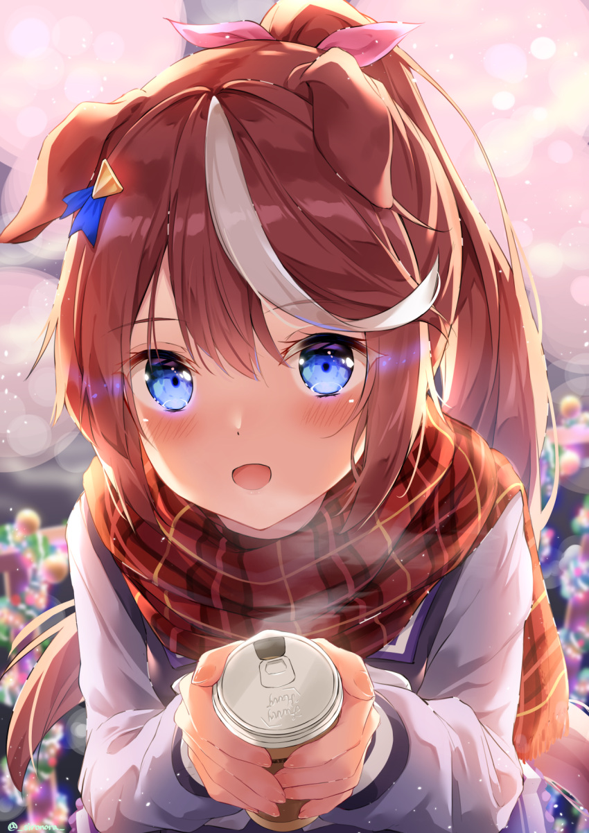 1girl animal_ears bangs blue_eyes blurry blurry_background blush bow brown_hair commentary_request dot_nose drink eyebrows_visible_through_hair face hair_between_eyes hair_bow hands_up high_ponytail highres holding holding_drink horse_ears horse_girl long_hair long_sleeves looking_at_viewer multicolored_hair nail_polish open_mouth pink_bow plaid plaid_scarf purple_sailor_collar purple_shirt sailor_collar scarf shirt sidelocks sironora smile solo streaked_hair tokai_teio_(umamusume) two-tone_hair umamusume upper_body white_hair wrinkled_fabric