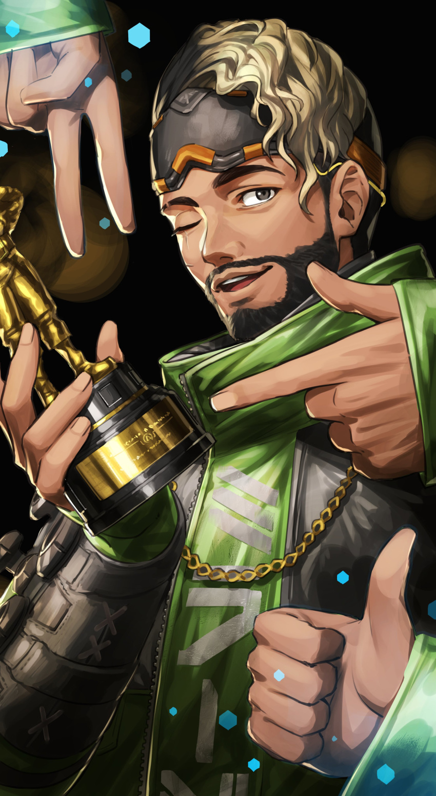 1boy absurdres angel_city_hustler_mirage apex_legends black_background black_eyes blonde_hair chain dark-skinned_male dark_skin facial_hair finger_gun goatee goggles goggles_on_head gold_chain green_jacket highres holding_trophy jacket mirage_(apex_legends) nemoto_yuuma official_alternate_costume open_mouth smile solo_focus thumbs_up too_much_witt trophy v