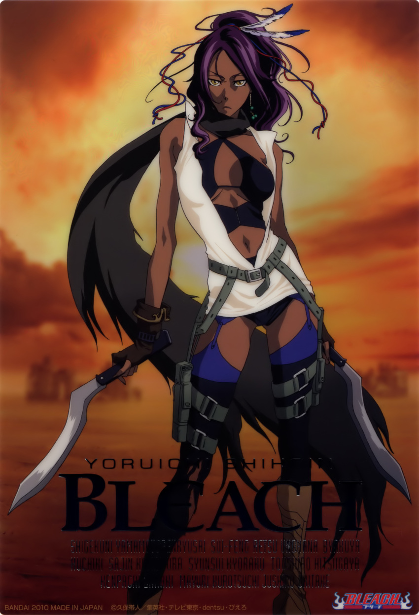 absurdres bag bleach boots card cosplay dark_skin dual_swords dual_wielding earrings feathers fingerless_gloves garter_belt gloves highres jewelry kubo_taito machete navel purple_hair resident_evil resident_evil_(movie) satchel scarf shihouin_yoruichi solo text thigh-highs thigh_strap thighhighs weapon yellow_eyes