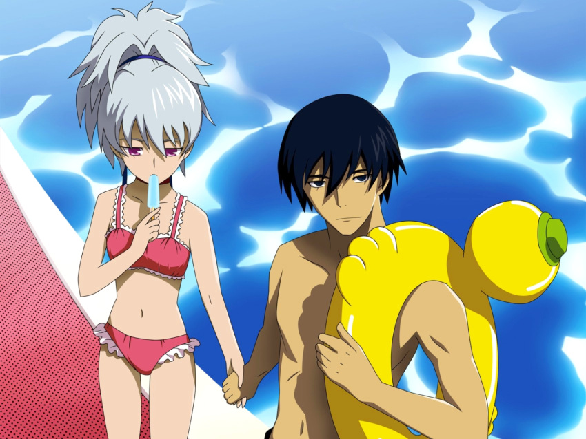 1boy 1girl bikini black_eyes black_hair blue_eyes blue_hair couple cropped darker_than_black duck food frilled_swimsuit frills hair_ribbon hei highres holding_hands kura_kyoo navel polka_dot pool popsicle purple_eyes ribbon silver_hair standing swimsuit tankini water yin