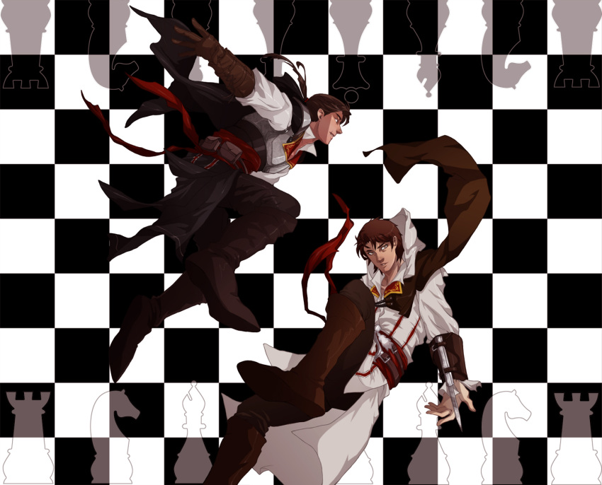 assassin's_creed_ii blade brothers brown_eyes brown_hair cape chess daltucia ezio_auditore_da_firenze federico_auditore_da_firenze highres hood long_hair ponytail scar siblings