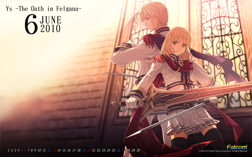 1girl 2010 back-to-back black_legwear blonde_hair brother_and_sister calendar chester_stoddart dual_wielding elena_stoddart falcom highres june official_art purple_eyes scarf sepia sepia_background short_hair siblings skirt smile sword thigh-highs thighhighs wallpaper weapon ys ys:_the_oath_in_felghana