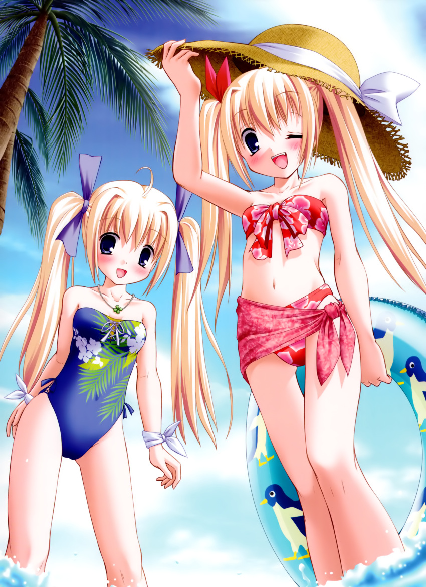 :d absurdres ahoge bikini blush bow clover_heart's clover_hearts fang floral_print hair_bow hat highres innertube mikoshiba_rea mikoshiba_rio multiple_girls navel nimura_yuuji one-piece_swimsuit open_mouth palm_tree sarong smile straw_hat swimsuit swimsuit tree twintails wink