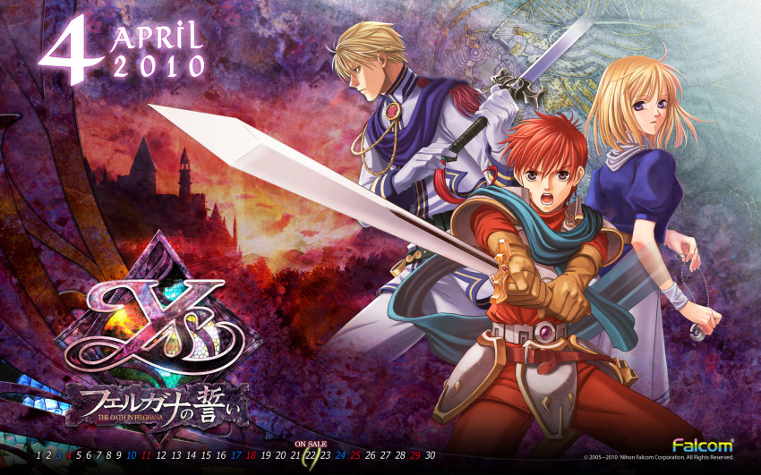 2010 2boys adol_christin armor belt blonde_hair brother_and_sister calendar chester_stoddart elena_stoddart falcom gloves grey_eyes highres looking_back multiple_boys official_art pants red_hair scarf serious short_hair siblings sword title_drop wallpaper weapon ys ys:_the_oath_in_felghana