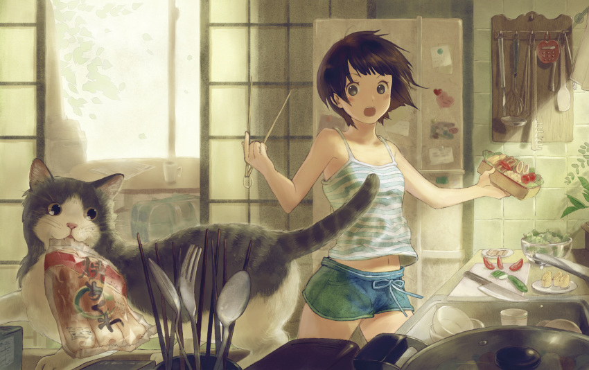 absurdres ame ame_(conronca) bare_shoulders bowl brown_hair cat chikuwa chopsticks cucumber cup food fork highres indoors kitchen knife mouth_hold navel neko obentou open_mouth original plant pot salad short_hair shorts sliding_doors solo spoon surprised table tank_top tomato vegetable