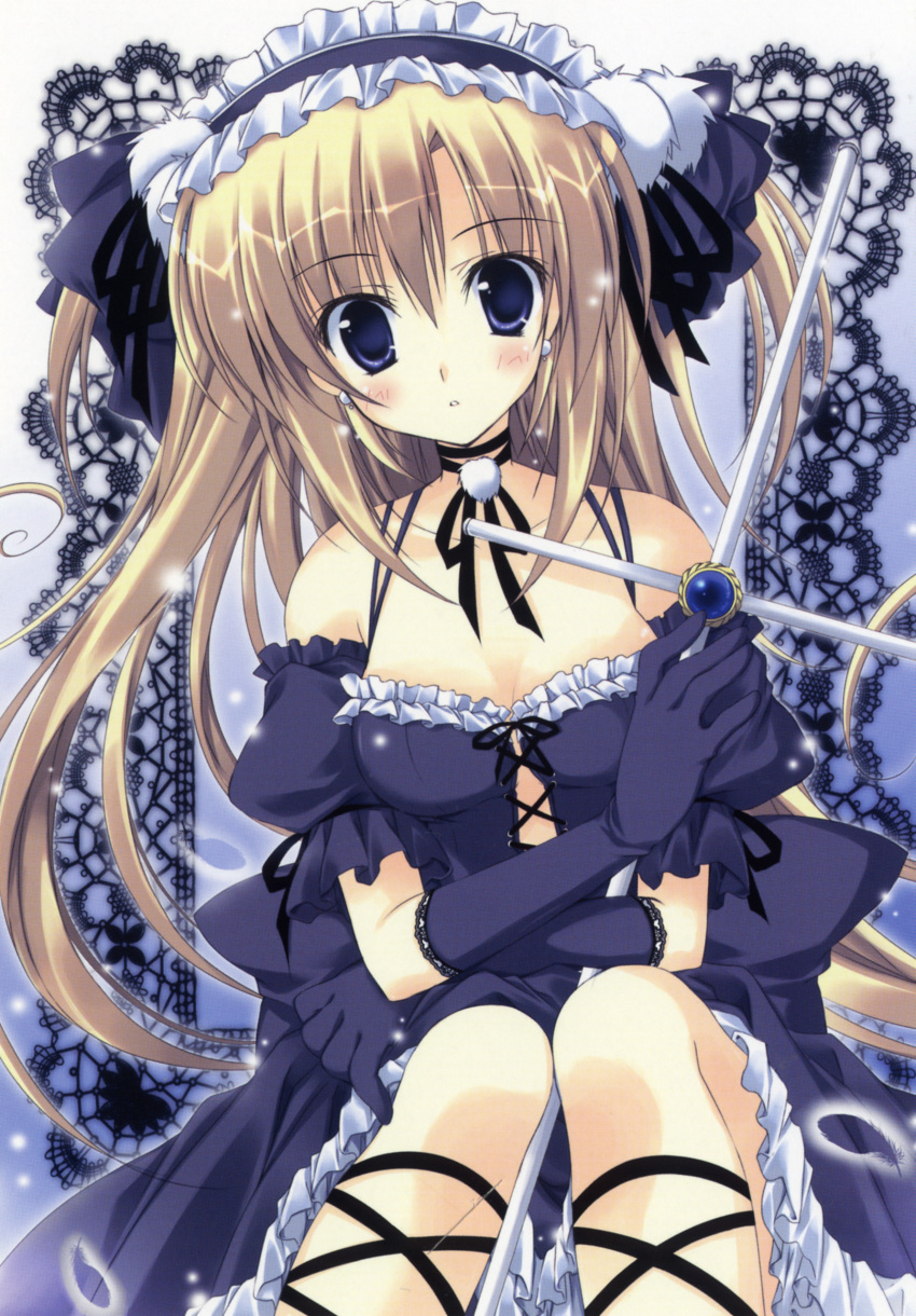 1girl absurdres blonde_hair blue_eyes breasts cleavage copyright_request cross dress gloves gothic_lolita highres korie_riko lolita_fashion lolita_hairband neck_ribbon ribbon scanning_dust two_side_up