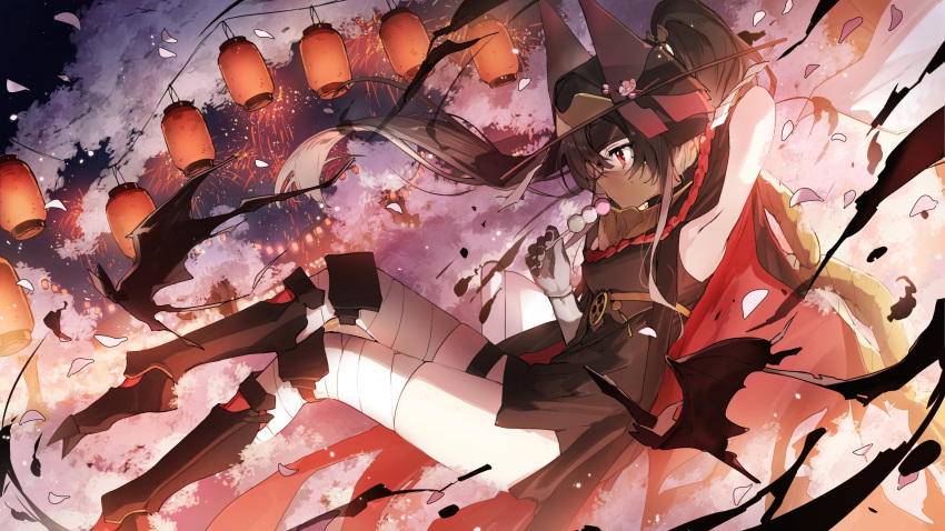 1girl absurdres alchemy_stars amemori_(alchemy_stars) arm_behind_head armored_boots armpits bandaged_leg bandages bangs black_cape black_dress black_hair black_headwear boots breasts cape cherry_blossoms dango dress fireworks food from_side gloves hat high_ponytail highres holding holding_food lantern long_hair mask medium_breasts mouth_mask night ninja_mask outdoors paper_lantern petals red_eyes scroll side_slit skewer sleeveless sleeveless_dress solo thigh_strap wagashi wattaro
