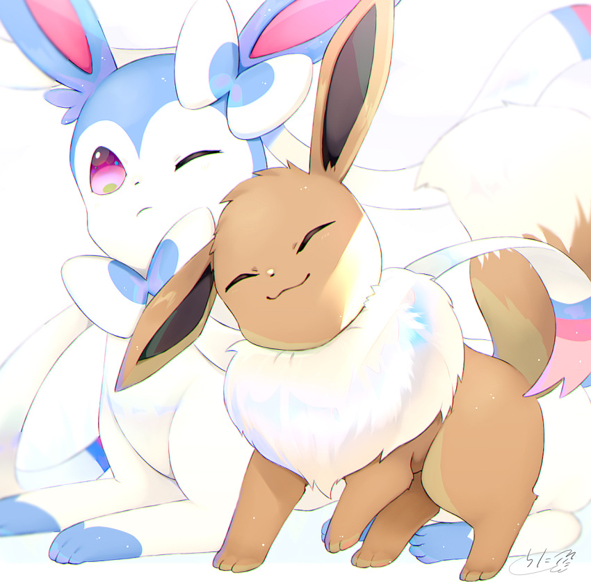 ^_^ alternate_color chita_(ketchup) closed_eyes closed_mouth eevee highres no_humans nuzzle one_eye_closed pokemon pokemon_(creature) shiny_pokemon signature simple_background sylveon violet_eyes white_background