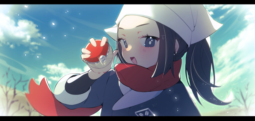 1girl akari_(pokemon) black_hair black_shirt blurry blush bright_pupils clouds commentary_request day eyelashes floating_scarf grey_eyes grey_jacket hand_up head_scarf highres jacket long_hair looking_at_viewer open_mouth outdoors pokemon pokemon_(game) pokemon_legends:_arceus ponytail red_scarf scarf sen_light shirt sidelocks sky smile solo tongue upper_body white_headwear