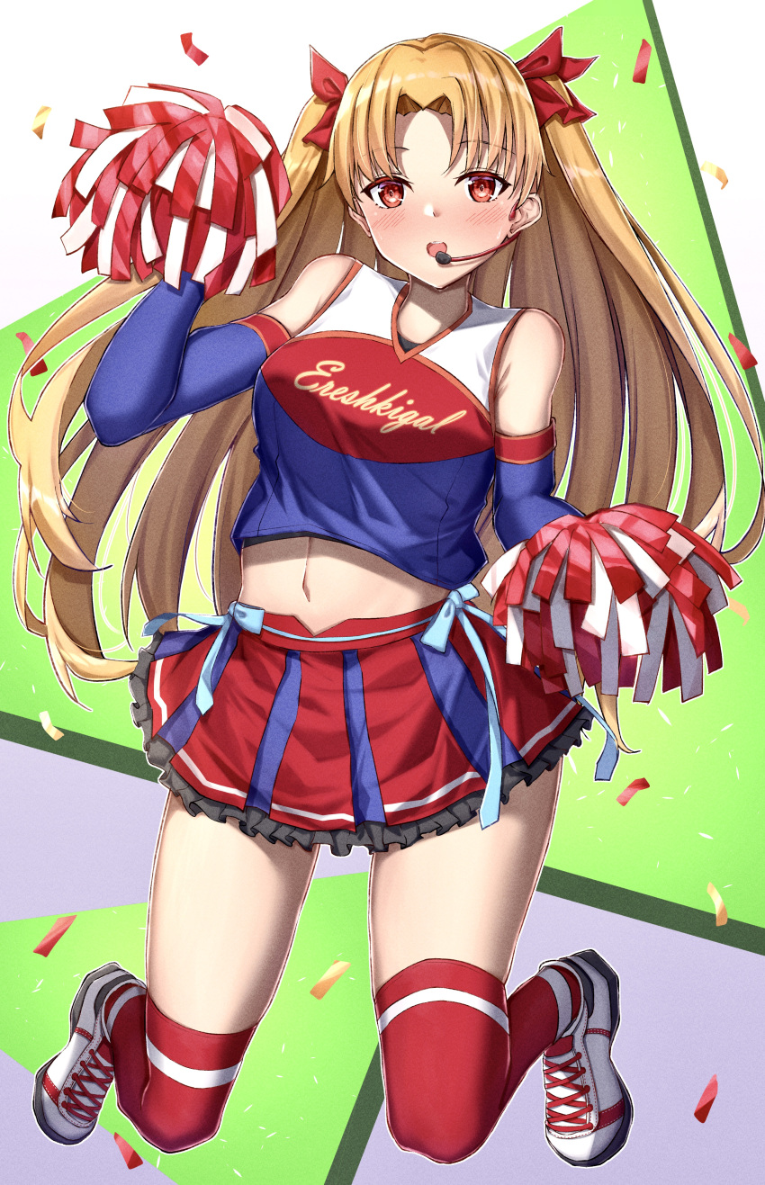 1girl absurdres alternate_costume bangs bare_shoulders blonde_hair blush character_name cheerleader detached_sleeves ereshkigal_(fate) eyebrows_visible_through_hair fate/grand_order fate_(series) full_body hair_ornament highres long_hair long_sleeves open_mouth parted_bangs pom_pom_(cheerleading) red_eyes red_legwear smile thigh-highs toukan twintails white_footwear