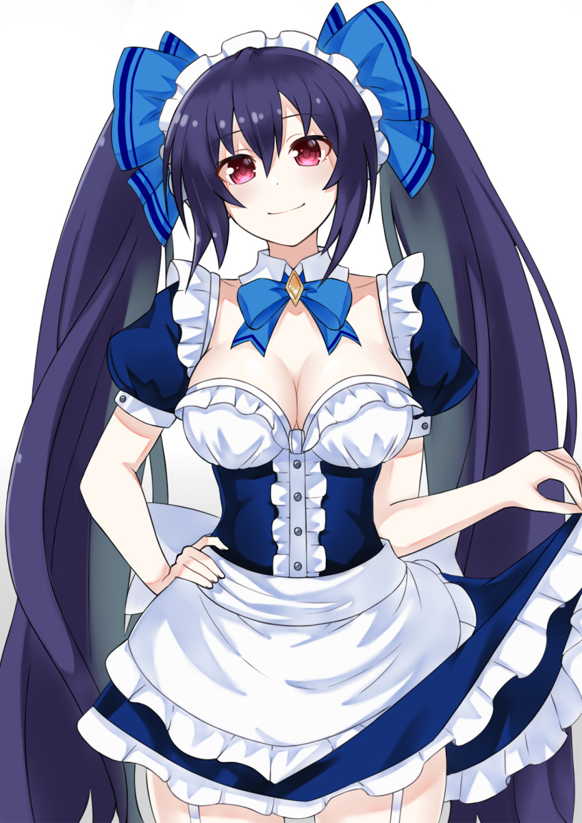 1girl alternate_costume apron bare_shoulders black_hair blue_ribbon breasts dress enmaided hair_between_eyes hair_ornament hair_ribbon highres long_hair looking_at_viewer maid maid_apron maid_headdress neptune_(series) noire noire_(neptune_series) red_eyes reward_available ribbon smile solo twintails zatsu