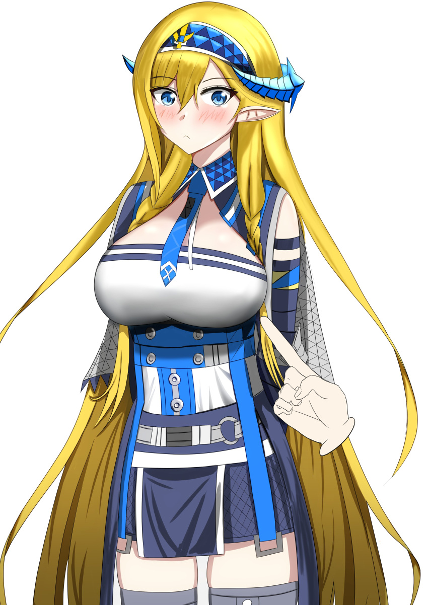 1girl absurdly_long_hair absurdres arknights arms_behind_back bangs bare_shoulders black_skirt blonde_hair blue_eyes blue_hairband blue_necktie blush breasts commentary_request cowboy_shot disembodied_limb elbow_gloves eyebrows_visible_through_hair gloves hair_between_eyes hairband highres horns large_breasts long_hair looking_at_viewer miniskirt necktie pointing pointy_ears saileach_(arknights) shirt simple_background skirt solo_focus standing strapless strapless_shirt thigh-highs uiru_(uiruuun) very_long_hair white_background white_shirt zettai_ryouiki