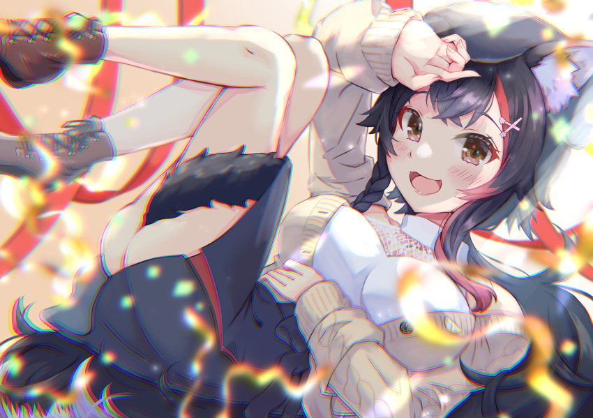 1girl animal_ear_fluff animal_ears ass bangs birthday black_hair black_skirt blush breasts brown_footwear eyebrows_visible_through_hair hair_ornament hairclip hand_on_own_head hand_on_own_stomach happy_birthday highres hololive large_breasts leg_up long_hair looking_at_viewer lying mihaeru multicolored_hair ookami_mio open_mouth redhead skirt smile solo streaked_hair tail thigh-highs virtual_youtuber wolf_ears wolf_girl wolf_tail yellow_eyes zettai_ryouiki