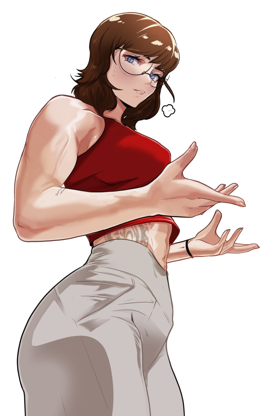 absurdres bare_shoulders blue_eyes bracelet brown_hair datli64 glasses highres jewelry leanbeefpatty mole muscular muscular_female original pants photo-referenced real_life red_tank_top sweatdrop tank_top tattoo