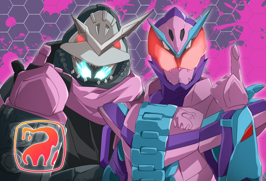 2boys animal_hood armor black_armor blue_eyes brachio_vistamp brachiosaurus clock_hands extra_eyes gauntlets highres hood index_finger_raised kamen_rider kamen_rider_revi kamen_rider_revice kamen_rider_vice miyabi_(037) multiple_boys pink_armor pose stamp_mark teeth tokusatsu upper_body